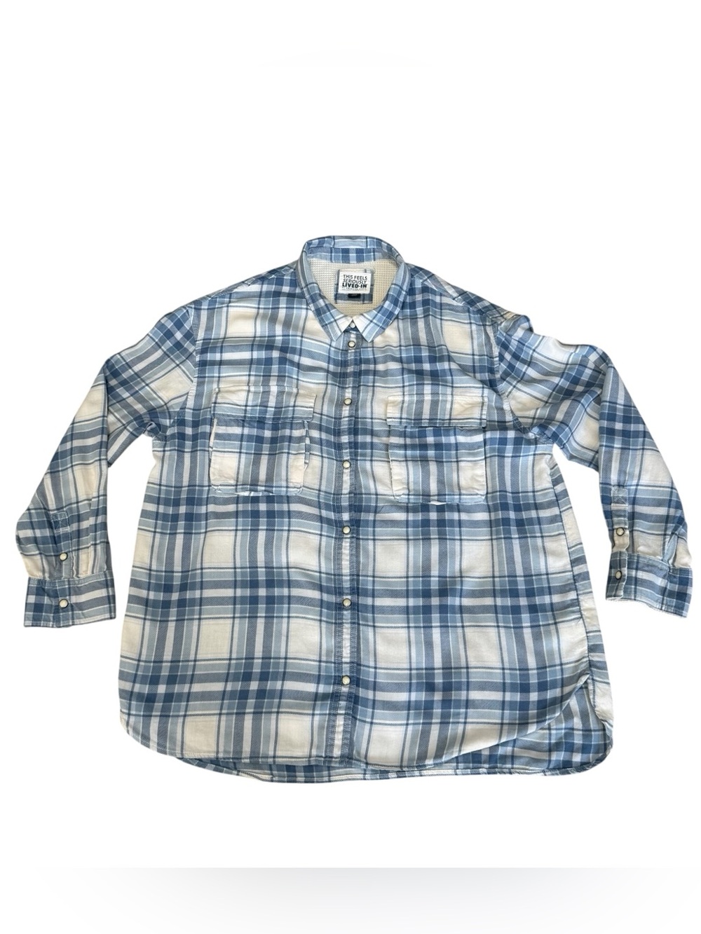 American Eagle Flannel Shirt Women Large Plaid Blue White Snap Button